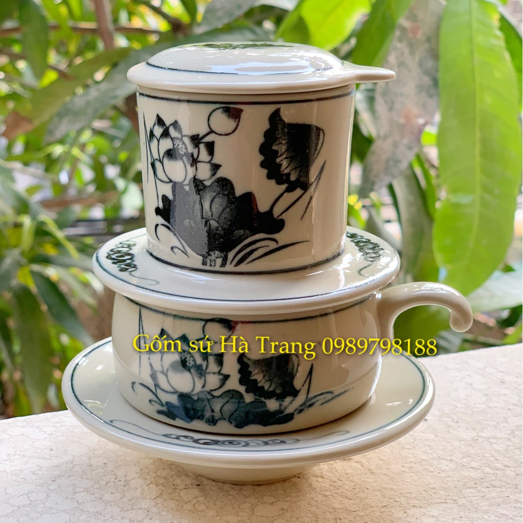 Phin pha cafe gốm sứ Bát Tràng cao cấp vẽ hoạ tiết sen cổ