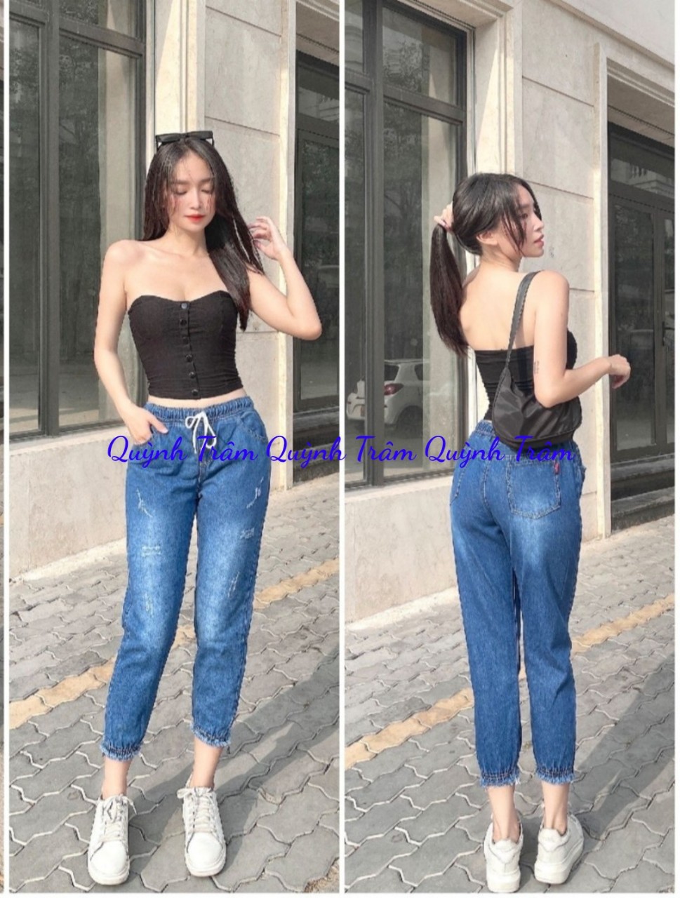 Quần jean baggy nữ dáng lỡ 9 tấc lưng thun lai tua mẫu cào