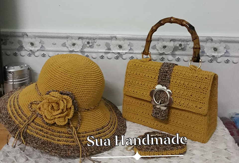 combo túi và nón hoa hồng