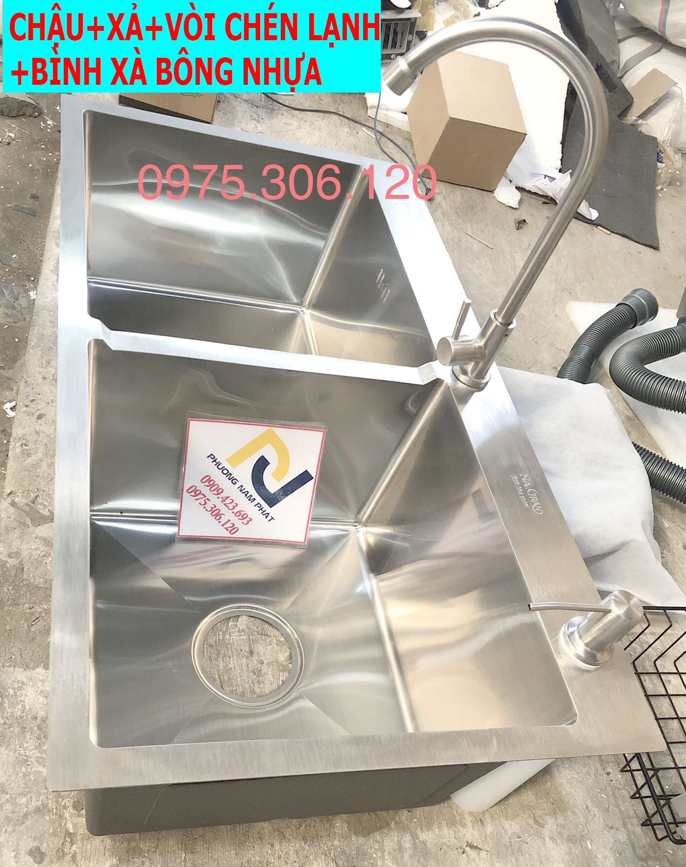 Combo chậu rửa chén bát inox 304 n5 8245 na.grand phương nam phát và xả chậu thoát nước và vòi rửa chén lạnh và bình nước rửa chén nhựa bồn rửa chén inox