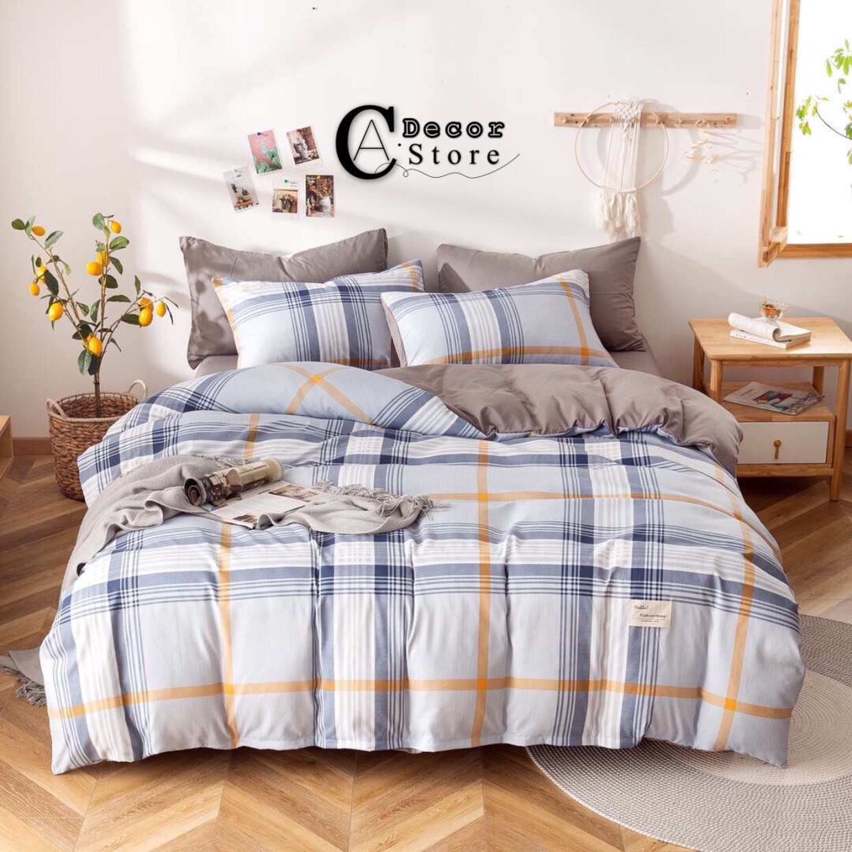 Bộ Chăn Ga Cotton Tici Cao Cấp Hàn Quốc - Họa Tiết Kẻ Ô Xanh - Decor Phòng Ngủ Cực Đẹp , By. C.A Decor Store