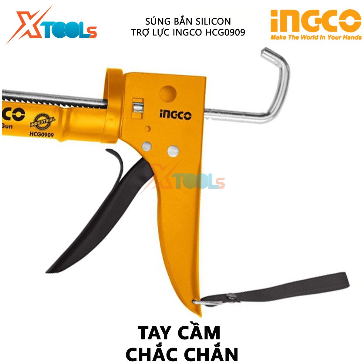 Súng bơm keo silicon có trợ lực INGCO HCG0909 | dụng cụ bơm silicon Kích thước 9" (225mm) Thân nhôm hợp kim XTOOLs