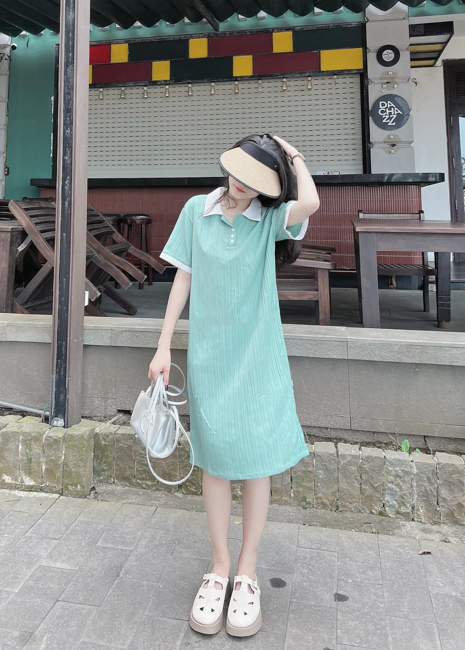 Váy v51, đầm polo suông chất đũi gân from rộng bầu mặc xinh