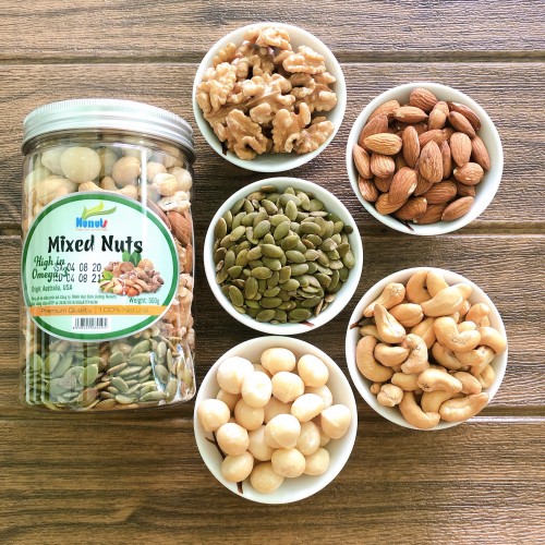 500Gr Mix 3- Mix 5 Hạt Đã Tách Vỏ( Óc Chó Vàng Chandler, Hạnh Nhân, Macca, Hạt Điều, Hạt Bí) - Mix Hạt Dinh Dưỡng, Tăng Cường Vitamin, Tốt Cho Bà Bầu
