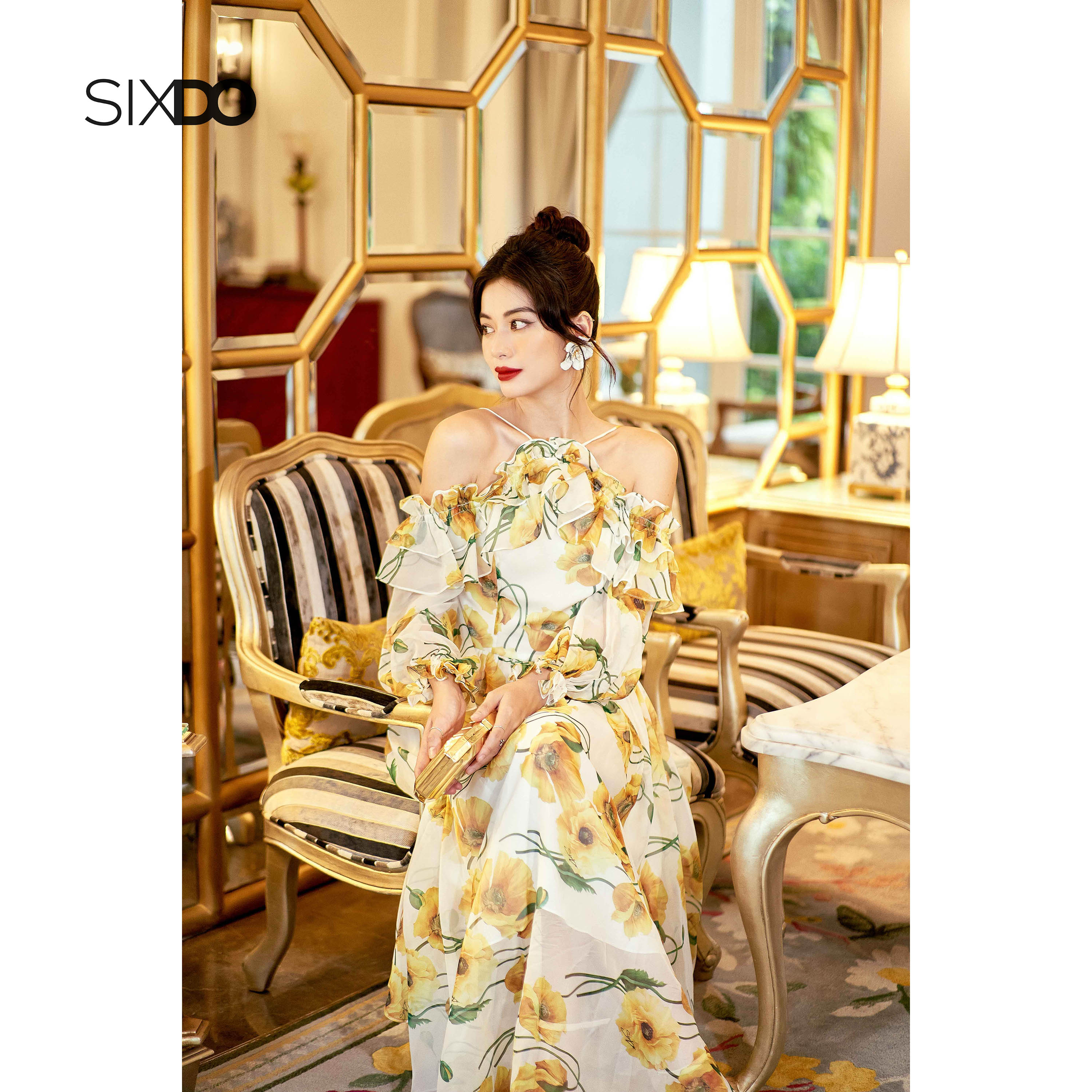Đầm voan poppy hoa trễ vai SIXDO (White Poppy Off-shoulder Midi Voile Dress)