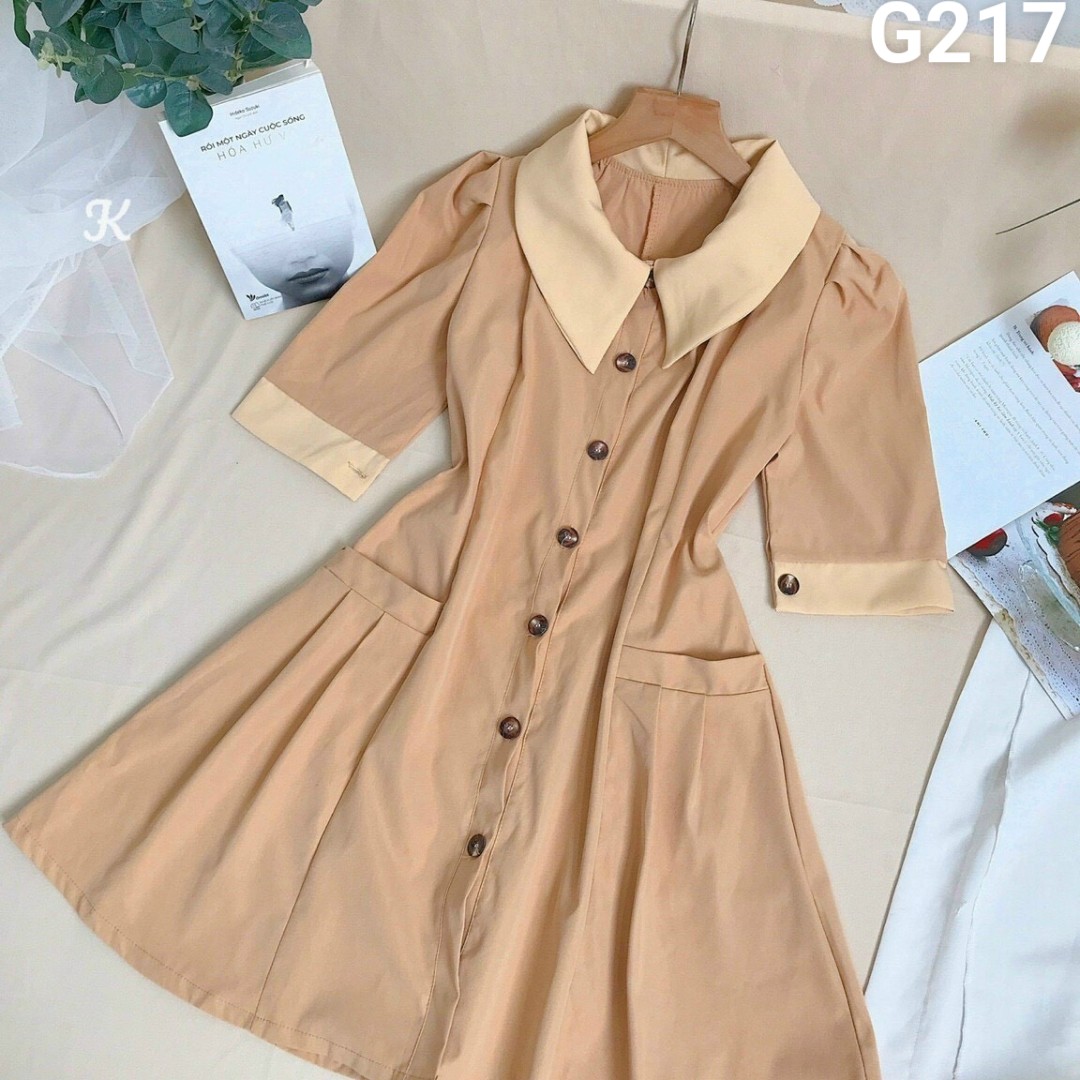 Đầm voan nữ xoè cổ bẻ đính nút chạy viền tay cổ có túi chít eo xếp ly dáng xòe g217