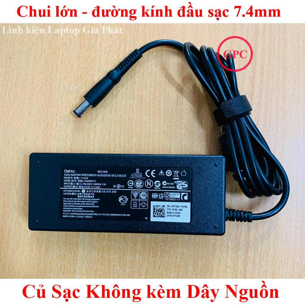 [Chân To] Sạc Laptop Dell 19.5V- 4.62A - 90W đường kính đầu sạc 7.4mm chân kim ký hiệu Φ7.4x5.0mm