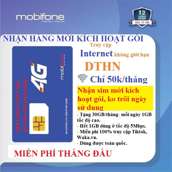 (Miễn phí 1 tháng) Sim 4G Mobifone DTHN full data 5Mps, 1 tỷ Gb, Hàng chính hãng