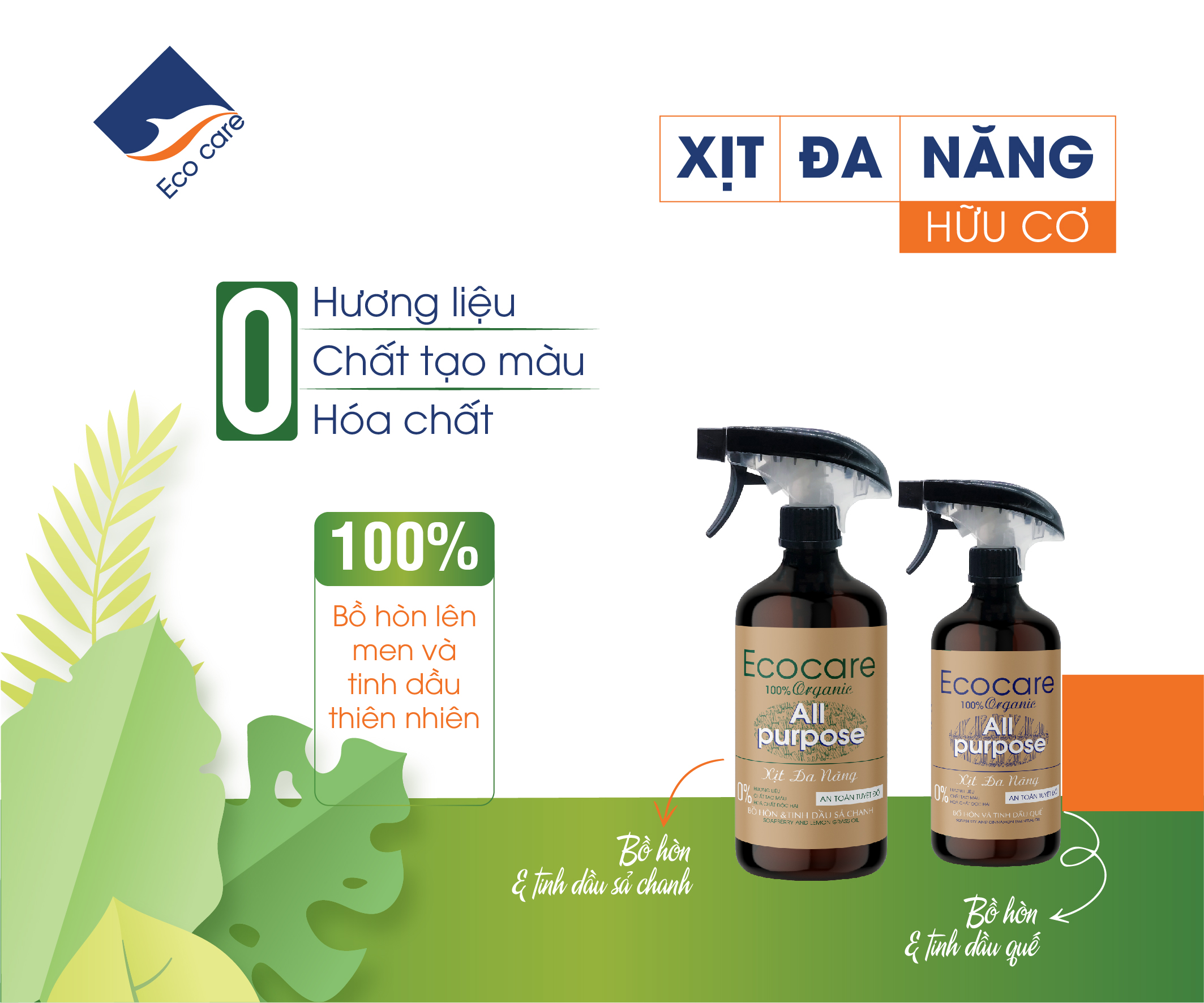 Xịt đa năng hữu cơ bồ hòn (Ecocare) | sả chanh, quế