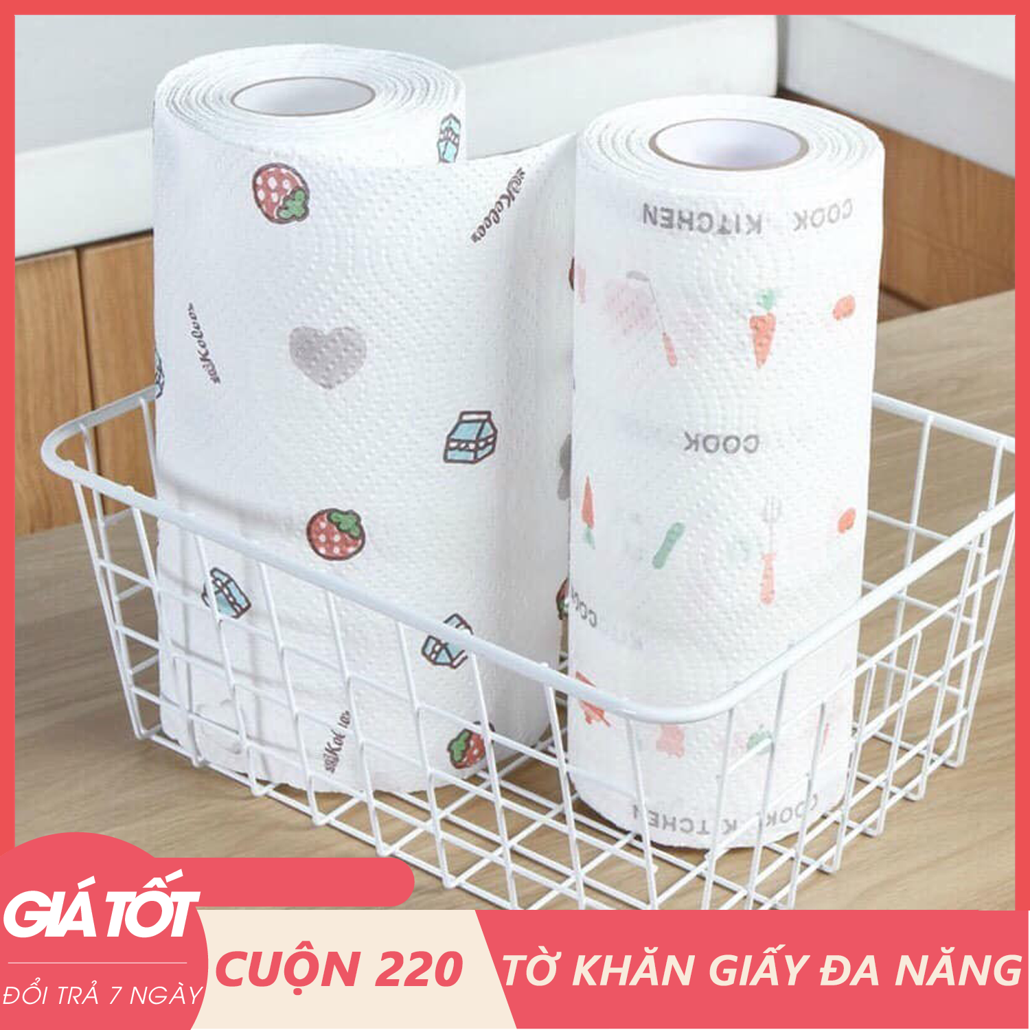 Cuộn 220 tờ khăn giấy lau bếp họa tiết đa năng, chất giấy siêu dai thấm hút tốt 1 cuốn 220 tờ dùng cực tiết kiệm-cuộn giấy thấm dầu nhà bếp