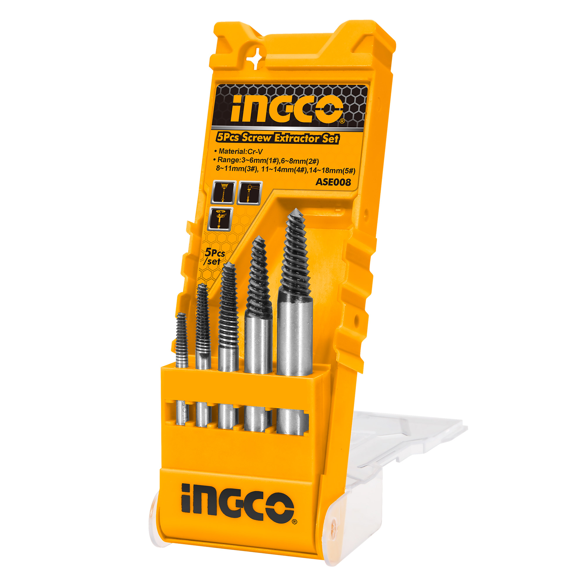 Bộ 5 mũi ven răng INGCO ASE008 chuyên lấy ốc từ 3~6mm, 6~8mm, 8~11mm, 11~14mm,14~18mm