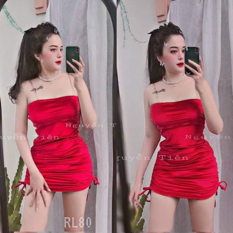 đầm 2 dây nhung phối xích dây rút 2 bên D108