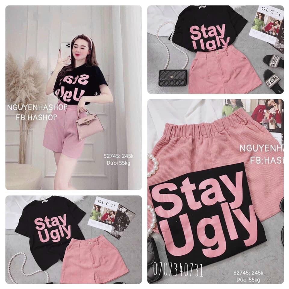 Set bộ áo thun in chữ stay đen hồng và quần ngắn xinh xắn dễ thương