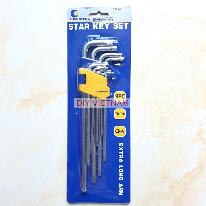 Bộ lục giác đầu sao hãng Kouritsu Nhật Bản 9 cây chữ L từ T10-T50 chiều dài 25mm chất liệu thép CR-V6150 chống ăn mòn và chịu lực tốt
