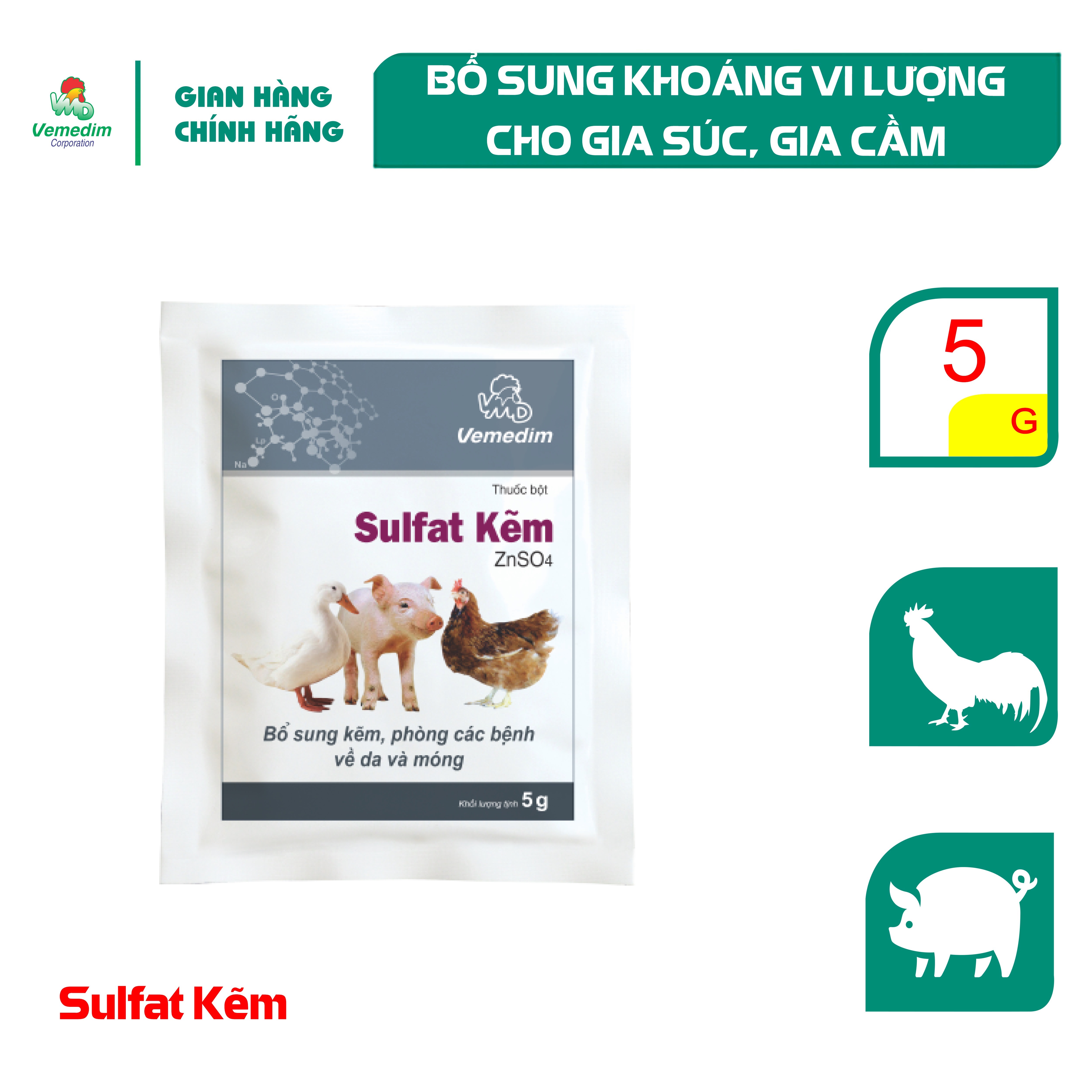 "Hoàn tiền đến 10%" Vemedim Sulfate kẽm ZnSO4 Bổ sung khoáng vi lượng cho gia súc, gia cầm-Set 20 gói 5g