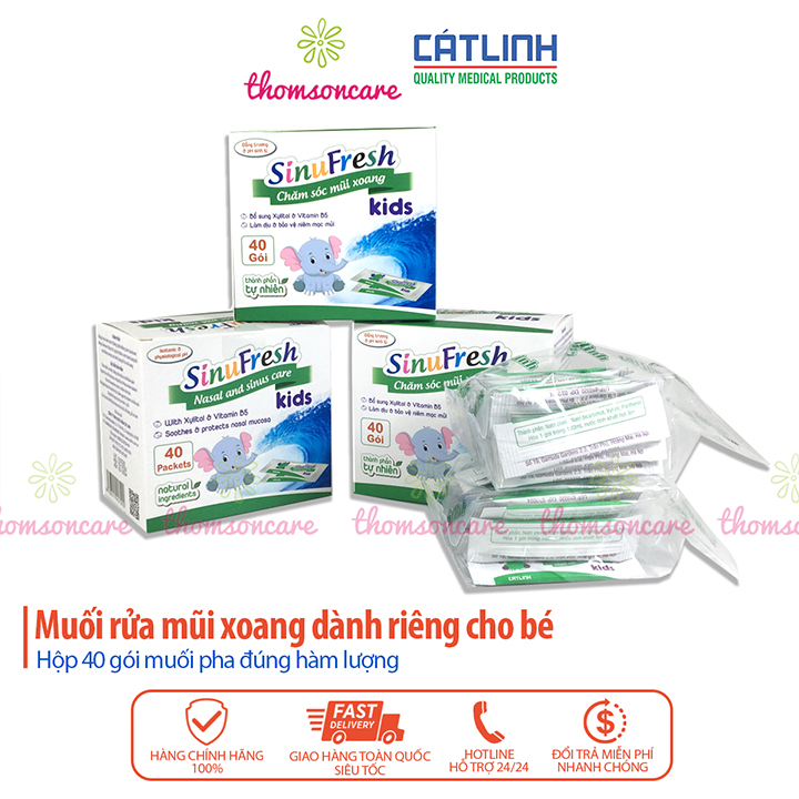 Muối sinufresh Kids hộp 40 gói hết chảy nước mũi ngạt mũi do cảm cúm  dị ứng mùi  xoang có thêm Xylitol giúp hết khô mũi  vào thời tiết hanh khô mũi chảy máu cam dùng cho trẻ em vệ sinh mũi giảm hôi miệng
