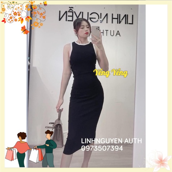 Vnu414 - váy body sát nách đen viền trắng