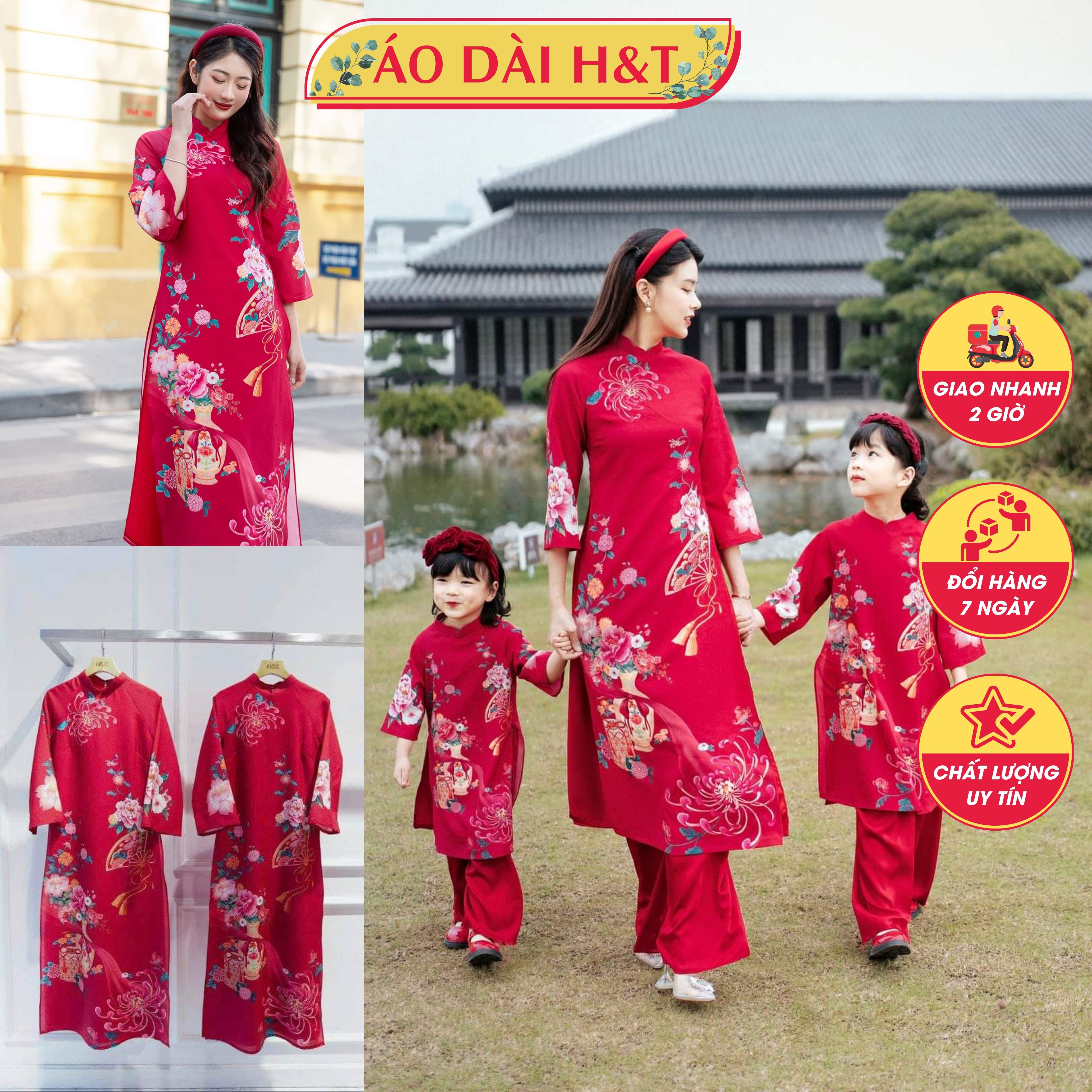 Áo dài mẹ bé cách tân 2024 chất liệu kim sa in họa tiết cao cấp - áo dài sài gòn h&t