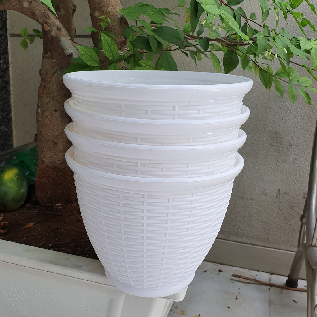 Bộ 4 chậu mây đan vành trắng trồng hoa 26x20cm