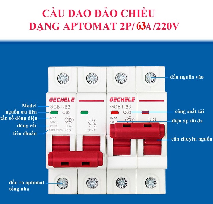 Attomat đảo chiều 2P 63A, Cầu dao đảo chiều 2P 63A GCB1-63 Gechele