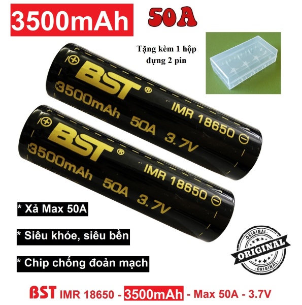 Bảng giá Combo 2 cục Pin Lithium BST 18650 sạc 3.7v dung lượng lớn 3500mAh - dòng xả Cao 50A  + Tặng kèm 1 hộp dựng pin
