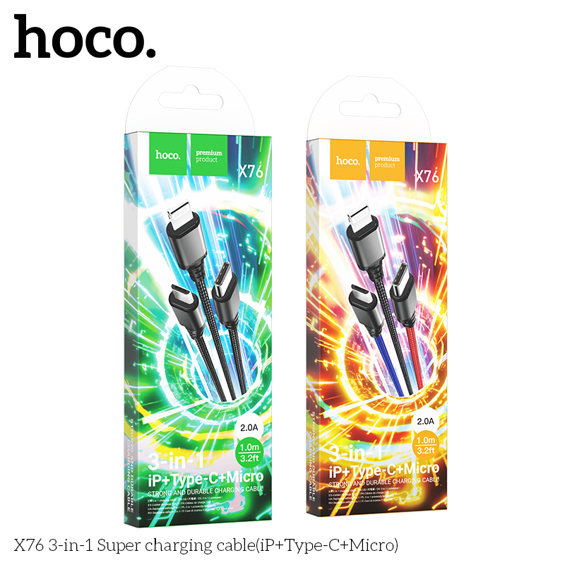 Cáp Sạc Hoco X76 3 Trong 1 2.0A Cổng IP + TypeC + Micro Dây Dài 1m