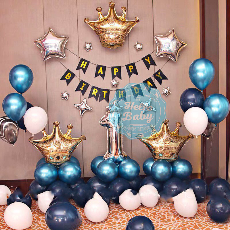 Set bóng trang trí sinh nhật tông Xanh Navy (Kèm bơm + keo dán) - Hello Baby