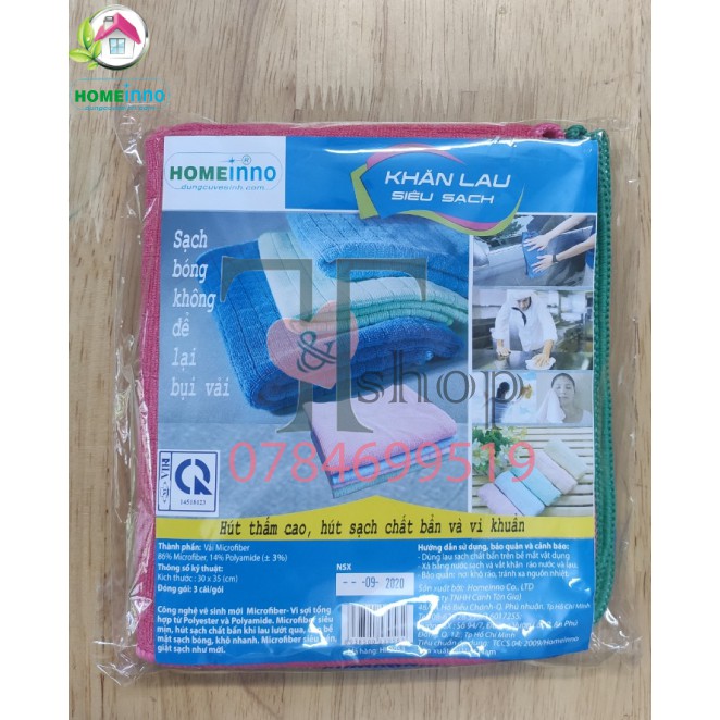 Combo 3 Khăn Lau Đa Năng Microfiber Homeinno Siêu Sạch 30x35cm