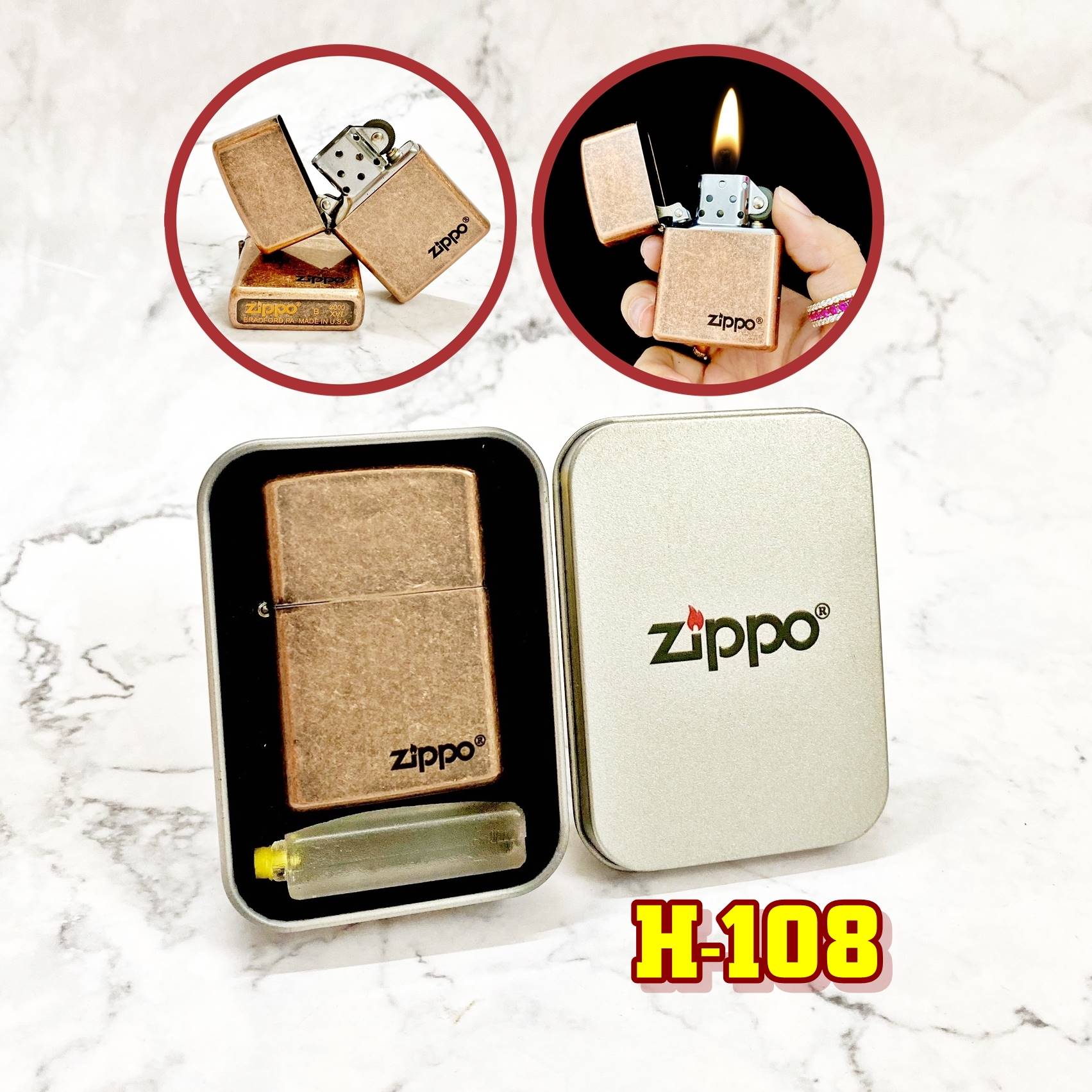 Bật lửa Zippo Vàng cổ trơn bóng(Xài xăng) Mốc đáy đời la mã 2000