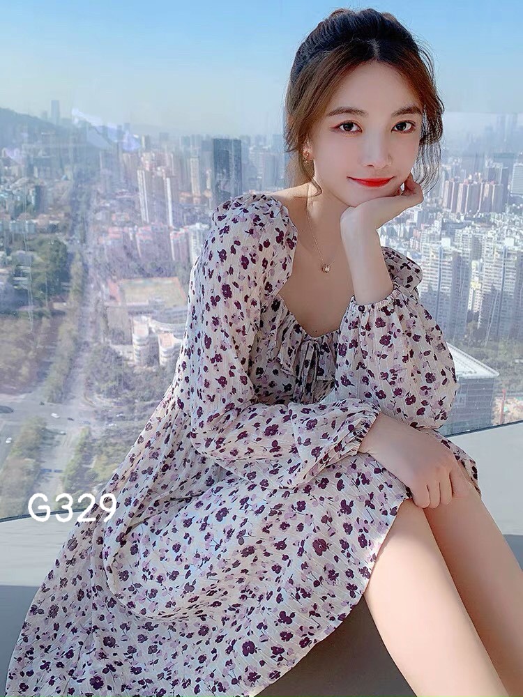 Đầm xoè voan lụa hoa nhí vintage nhấn eo G329