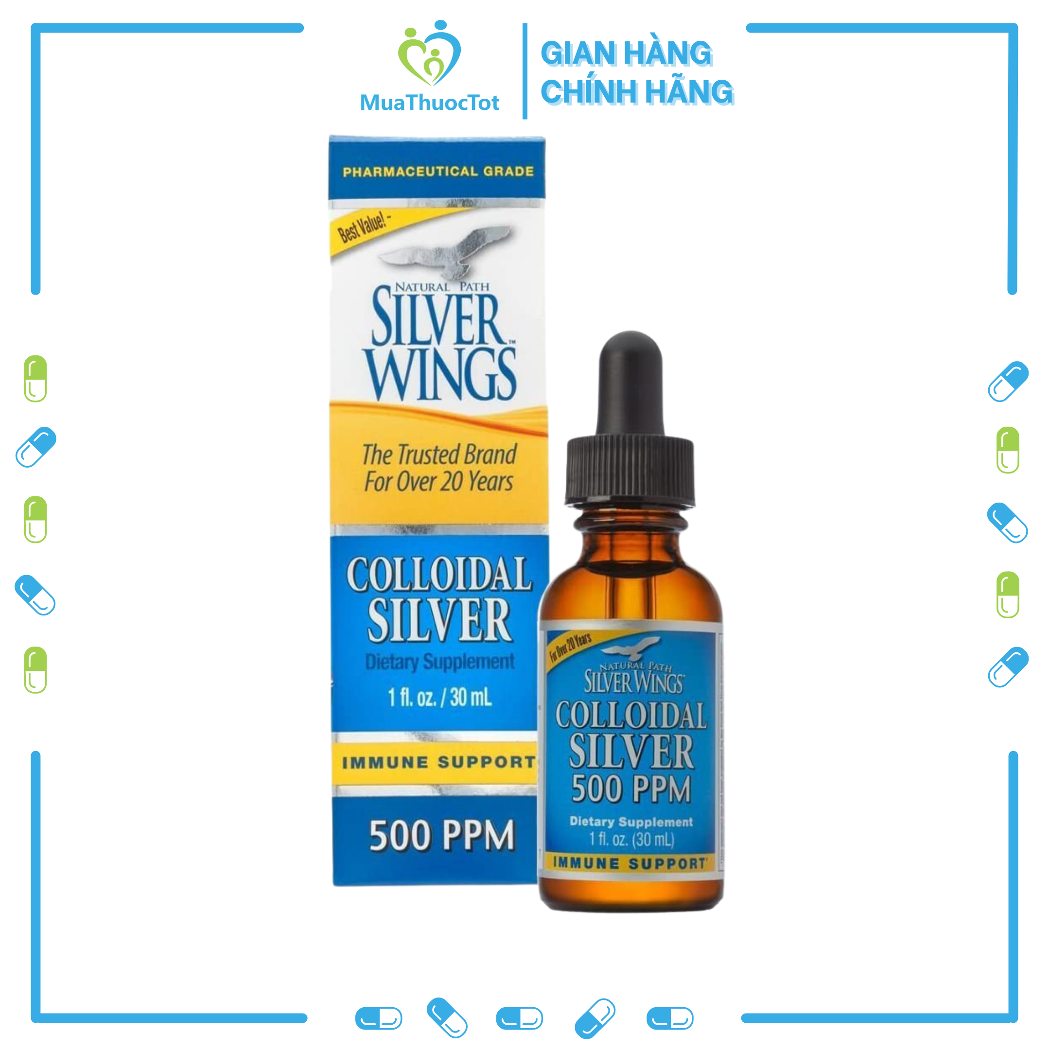 Keo bạc natural path silver wings colloidal silver 500 ppm 30ml