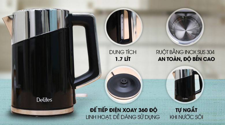 Bình siêu tốc Delites 1.7 lít ST17DB01 Đen