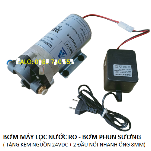 Bơm phun sương tăng áp 24V công suất 60W và bộ đổi nguồn 24V tặng hai đầu ren đồng nối nhanh vào đầu hút đầu xả của bơm