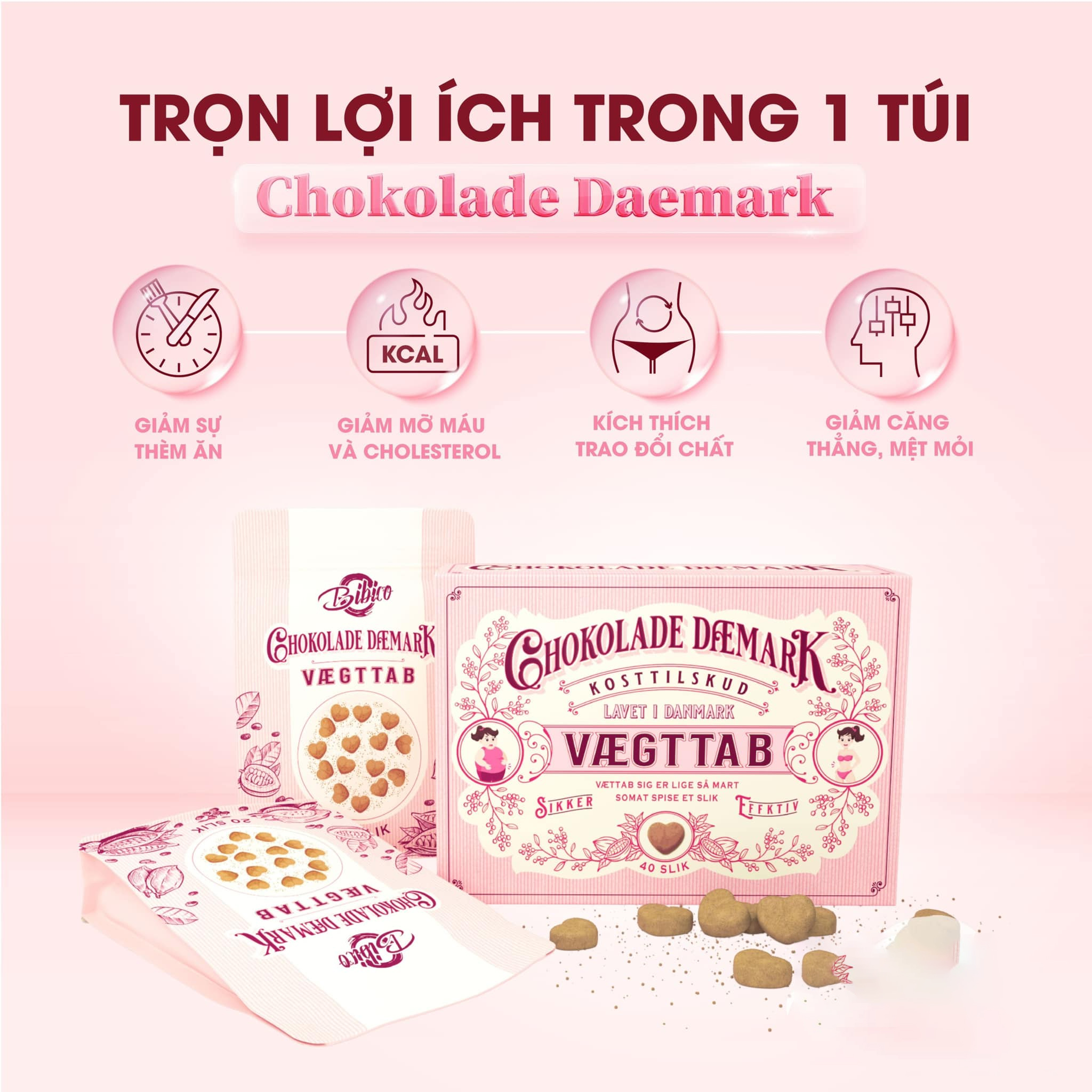 (MẪU MỚI FULL HỒNG mẫu mới 2024) Kẹo Socola Giảm Cân Đan Mạch - giảm cân X2 [ hộp 40 viên]