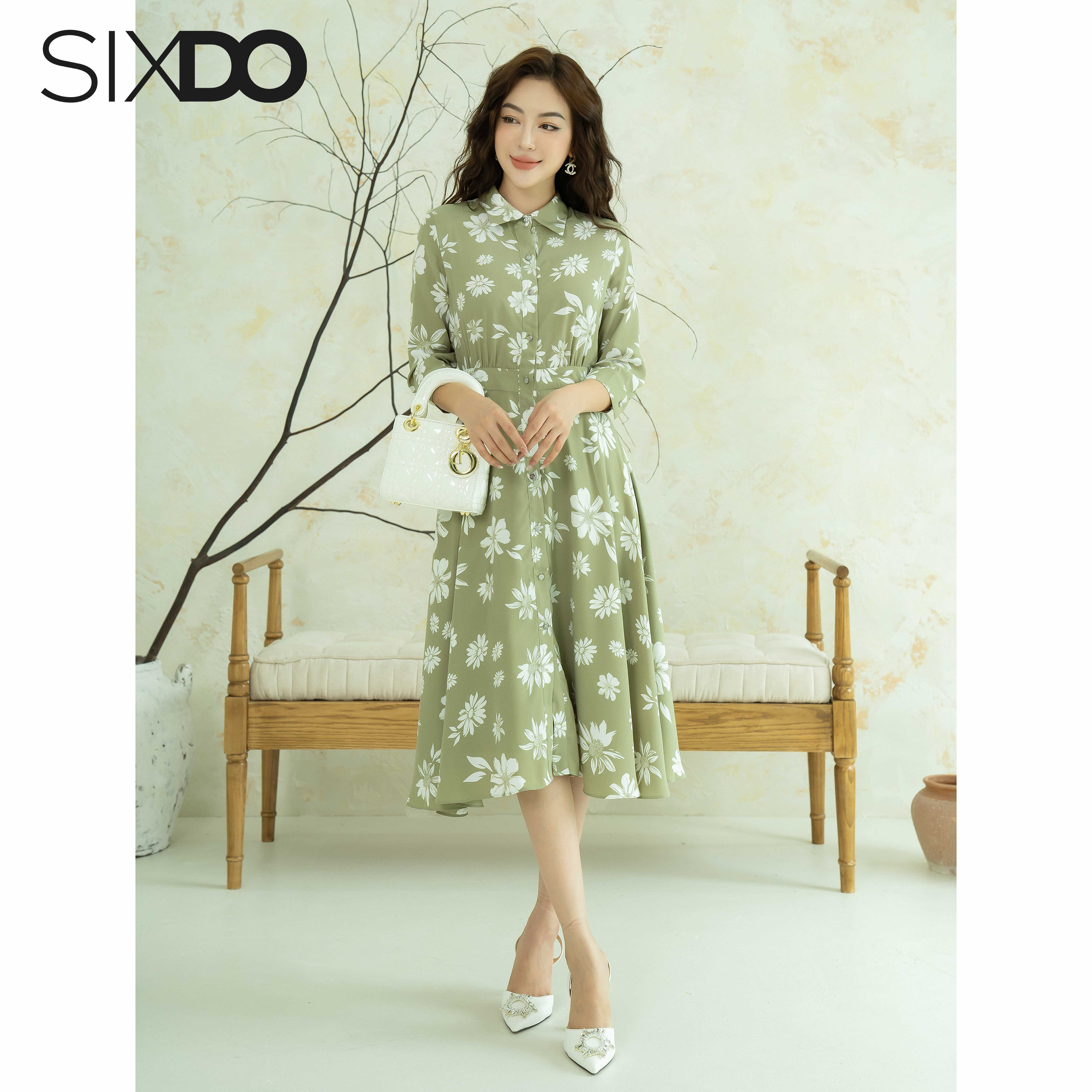 Đầm sơ mi lụa họa tiết hoa SIXDO (Olive Floral Midi Silk Dress)