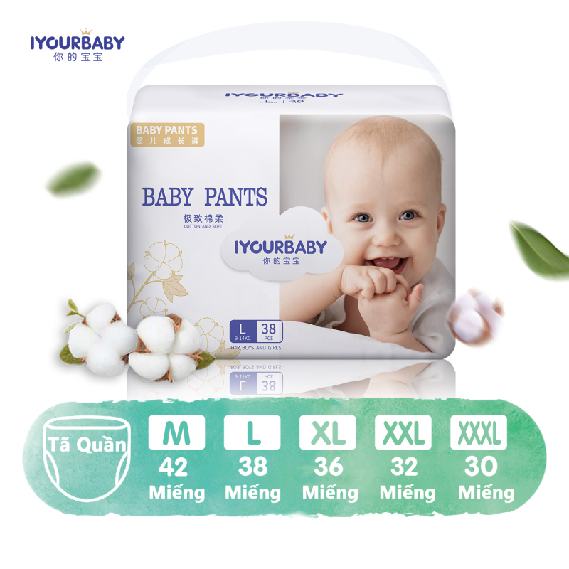 Tã/Bỉm quần Iyourbaby êm mềm khô thoáng baby pants diaper đủ size M42/L38/XL36/XXL32/XXXL30