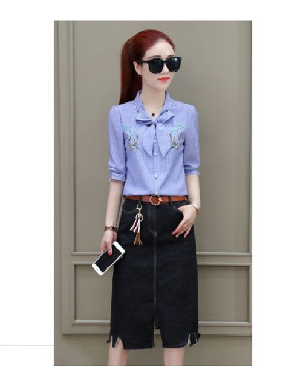 [4.4 Hoàn tiền 15%][HCM]Áo sơ mi sọc nhí thêu hoa- MS0113A
