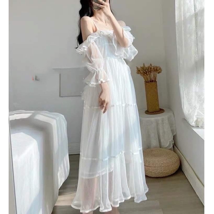 Đầm váy voan trắng tiểu thư 2 dây