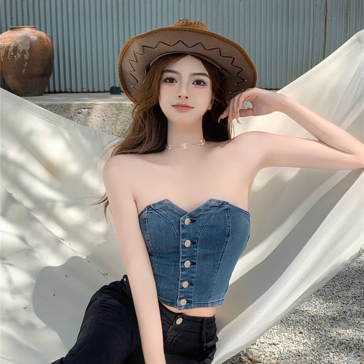 Áo ống jean kiểu cúc cài PINKSTORE29 phong cách quyến rũ A5594