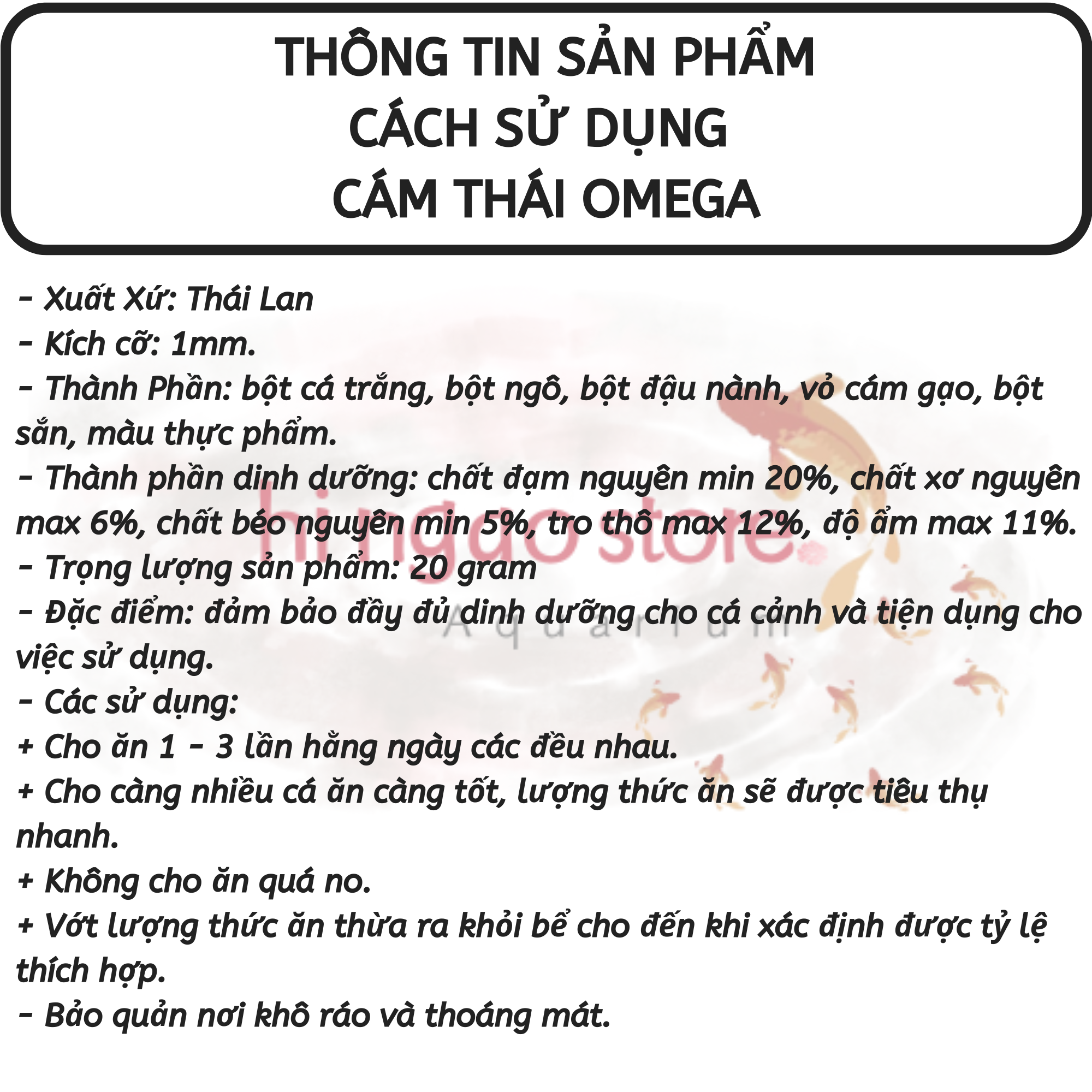 Cám cá Koi Mini Omega 20G - Thức ăn cá Koi mini | Hingaostore.