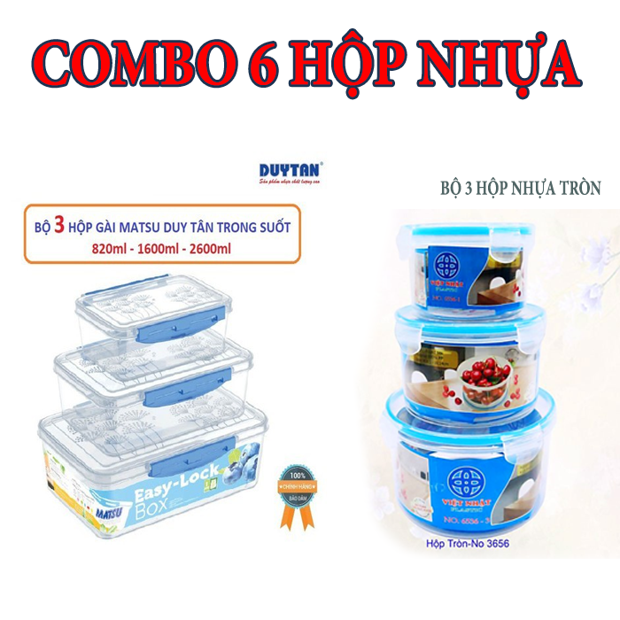 [HCM][BỘ 6 HỘP] Bộ 3 hộp nhựa 820ml - 1600ml - 2600ml và bộ 3 thố tròn đựng thực phẩm an toàn. Thố đựng thực phẩm để tủ lạnh