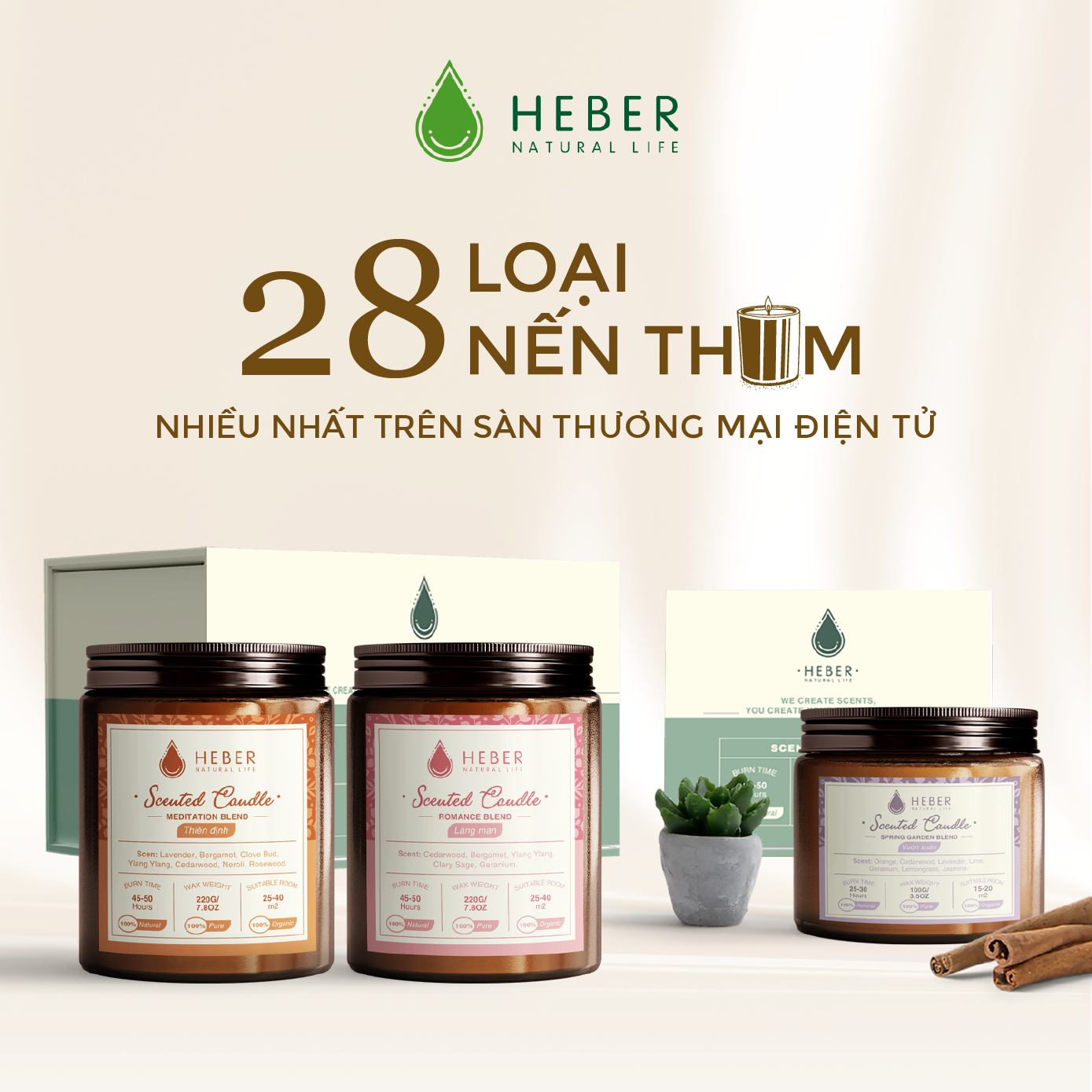 Nến Thơm Cao Cấp Heber Natural Life Scented Candles, Từ Tinh Dầu Thiên Nhiên & Sáp Dừa, Thơm Phòng Thư Giãn 100g & 220g