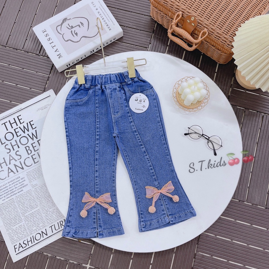 Quần jeans loe đính nơ cực xinh cho bé gái - QJL