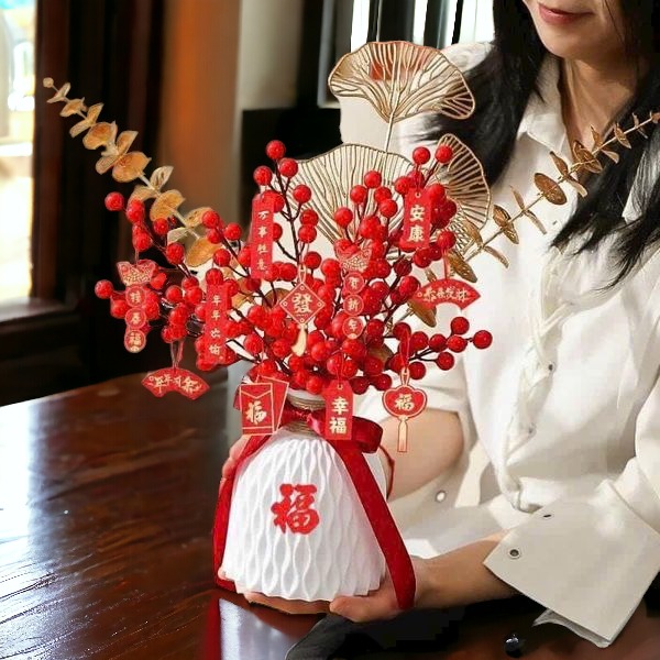 Set bình hoa đào đông đỏ trang trí tết