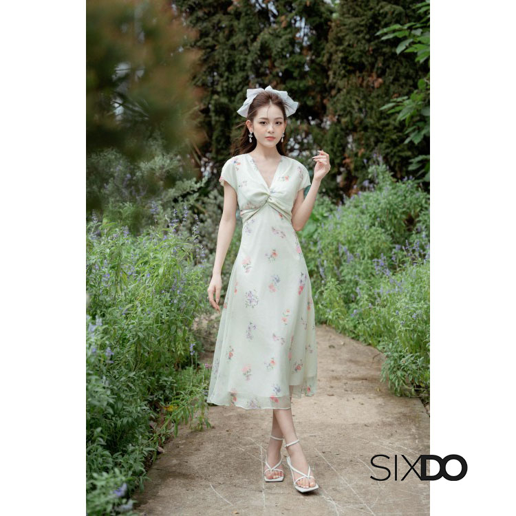 Đầm hoa midi cổ V xoắn ngực thời trang SIXDO-Z