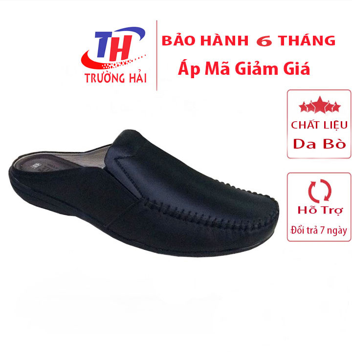 Dép bít mũi nam đen Trường Hải da bò thật cao cấp đế bằng may chắc chắn BM045