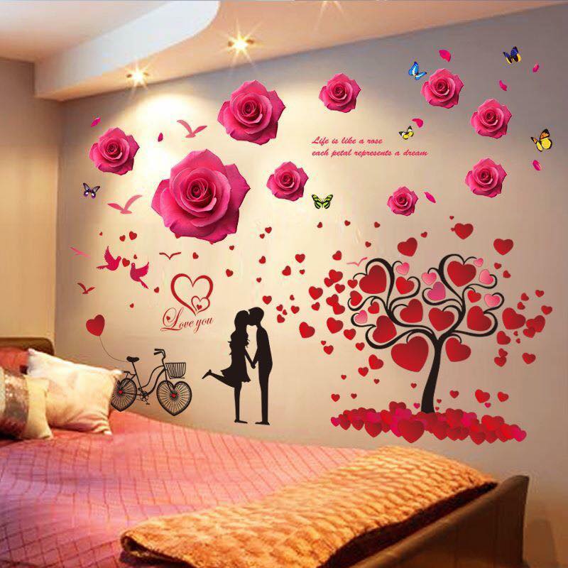 [HCM]DECAL DÁN TƯỜNG HOA HỒNG VÀ CÂY TRÁI TIM