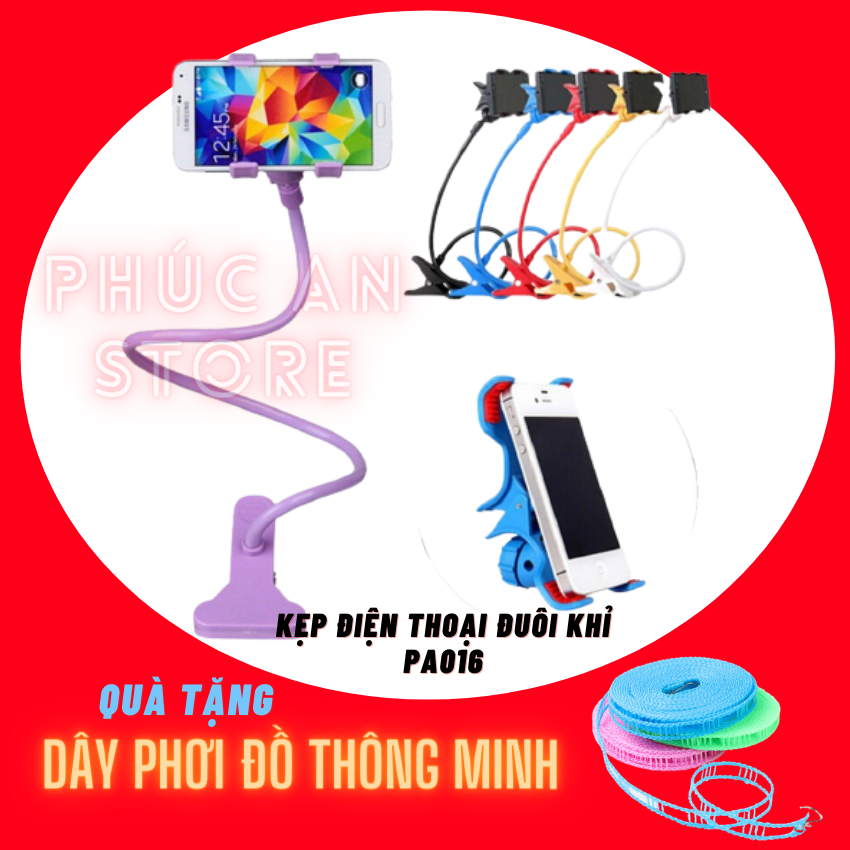 Giá đỡ kẹp điện thoại đa năng đuôi khỉ HT (Đen) + Tặng kèm dây phơi đồ thông minh dài 5m