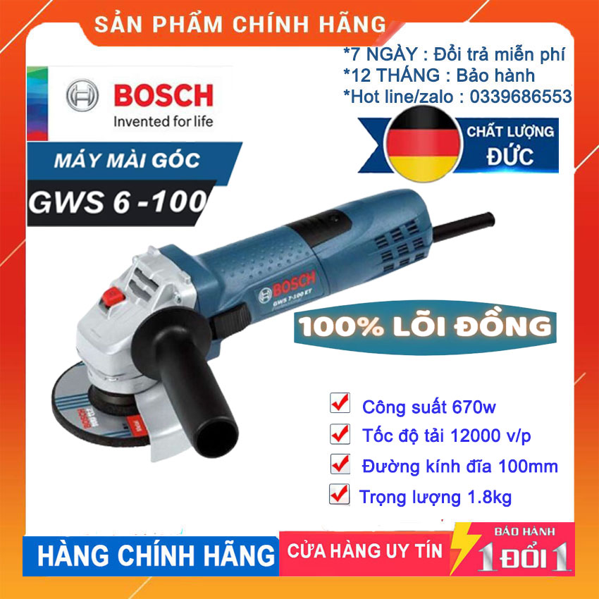 [HCM][SUPER SALE -GIẢM GIÁ 50% ]  Máy Mài Máy Cắt BOSSCH GWS 6-100 SM - 670W  - Bảo Hành 6 Tháng -Chuyên dùng để mài góc cắt sắt  gỗ  gạch đá trong gia đình hoặc công trình