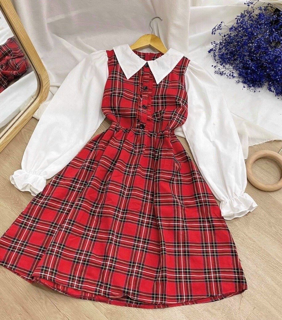 Đầm nữ caro đỏ phối cổ sơ mi